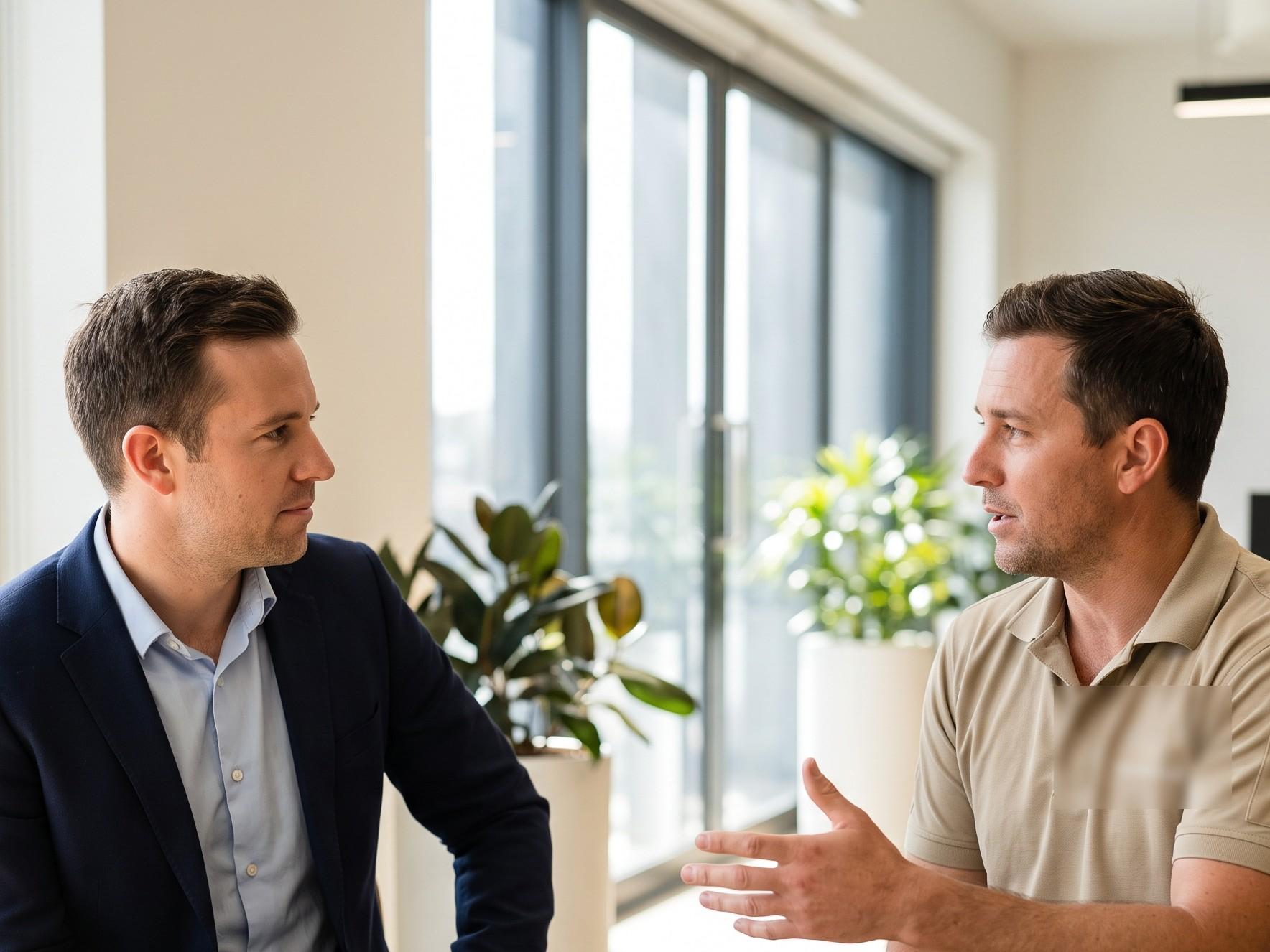 An agency owner listening to a home services client explain something across a table