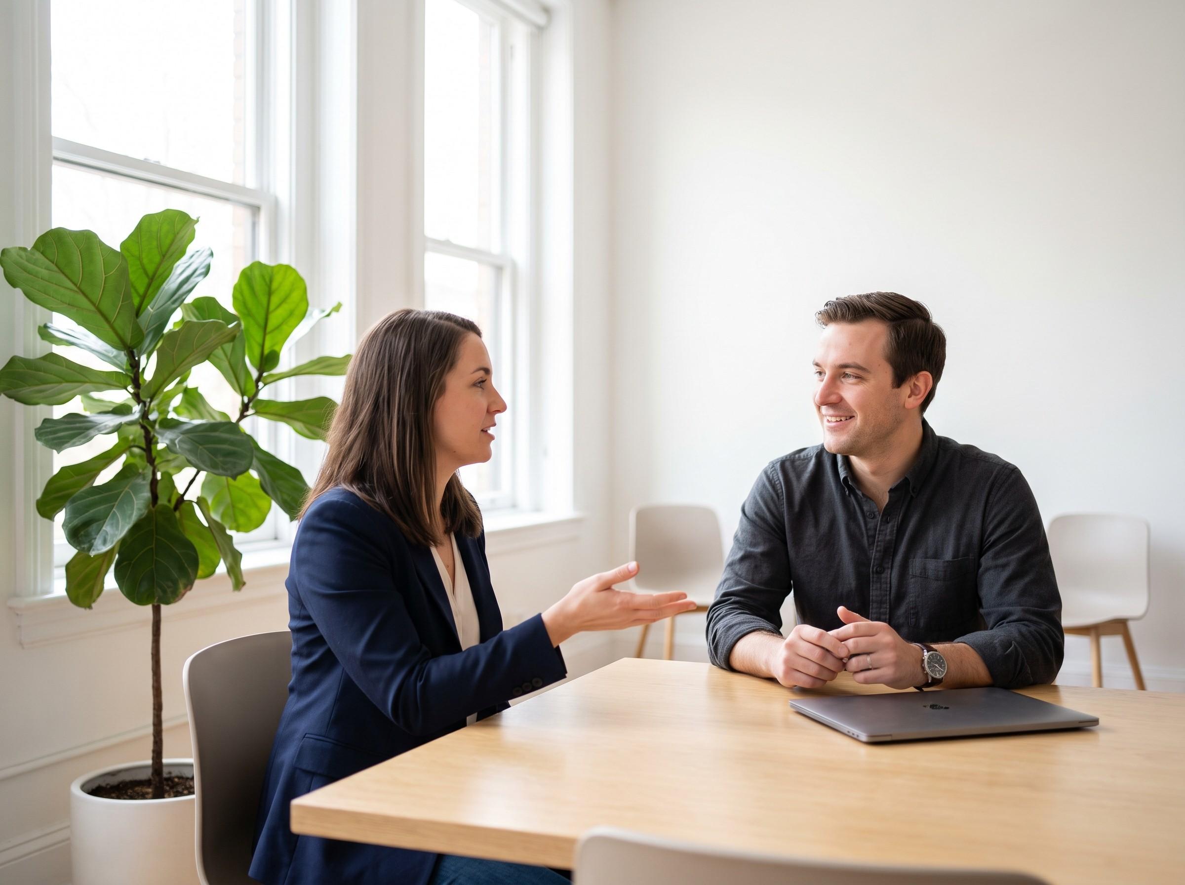 Two agency owners talking through a client account together at a desk