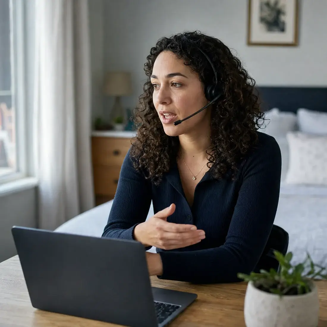 An agent on a headset at a desk by her bedroom window, mid sentence