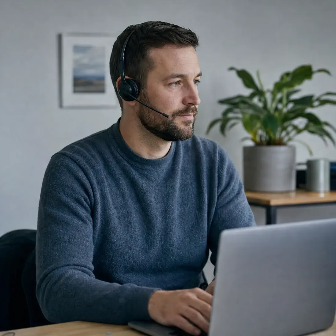 An agent on a headset listening, at a desk in a spare room