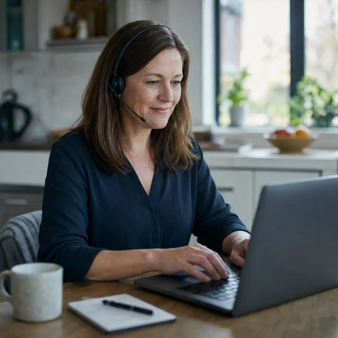 An agent on a headset typing at a kitchen table set up as a workspace