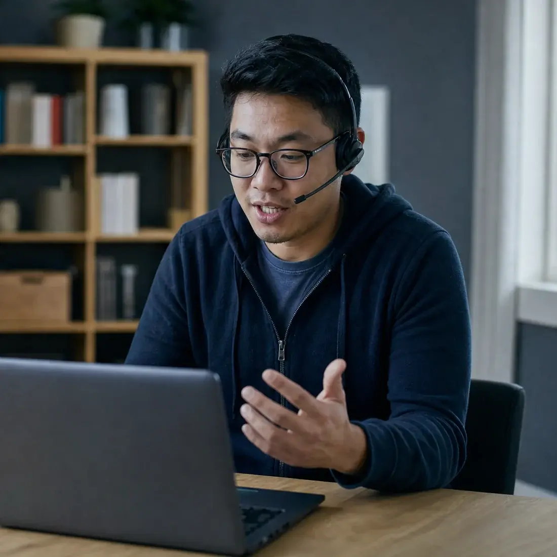 An agent on a headset speaking, at a desk in a small home office