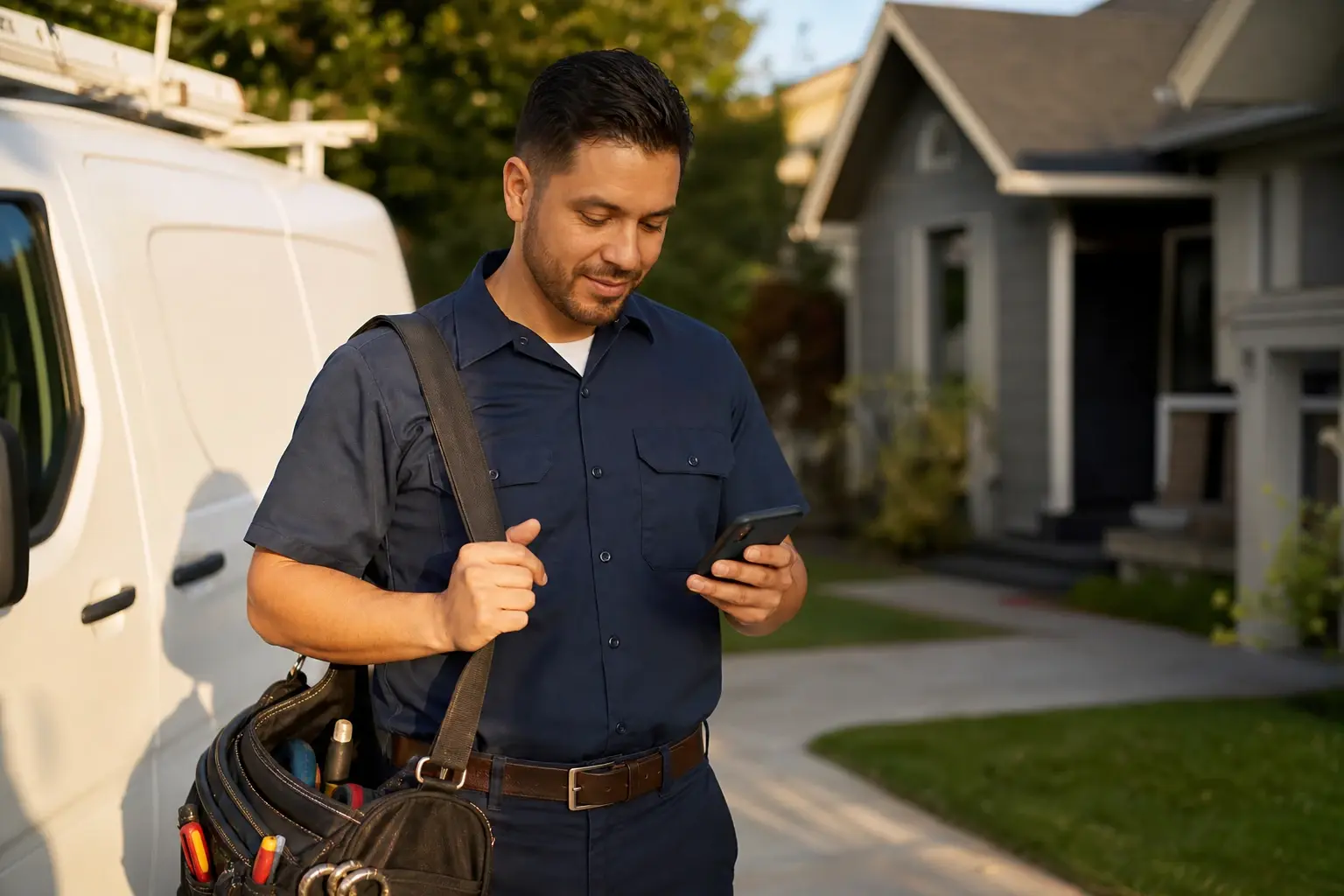 Home service technician checking his phone next to his van between jobs