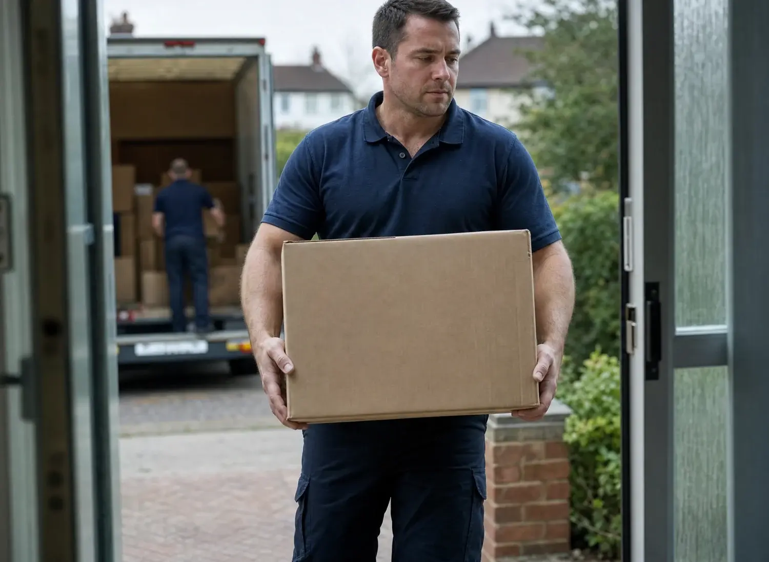 A moving contractor carrying a box out through a customer's front door, his truck at the kerb