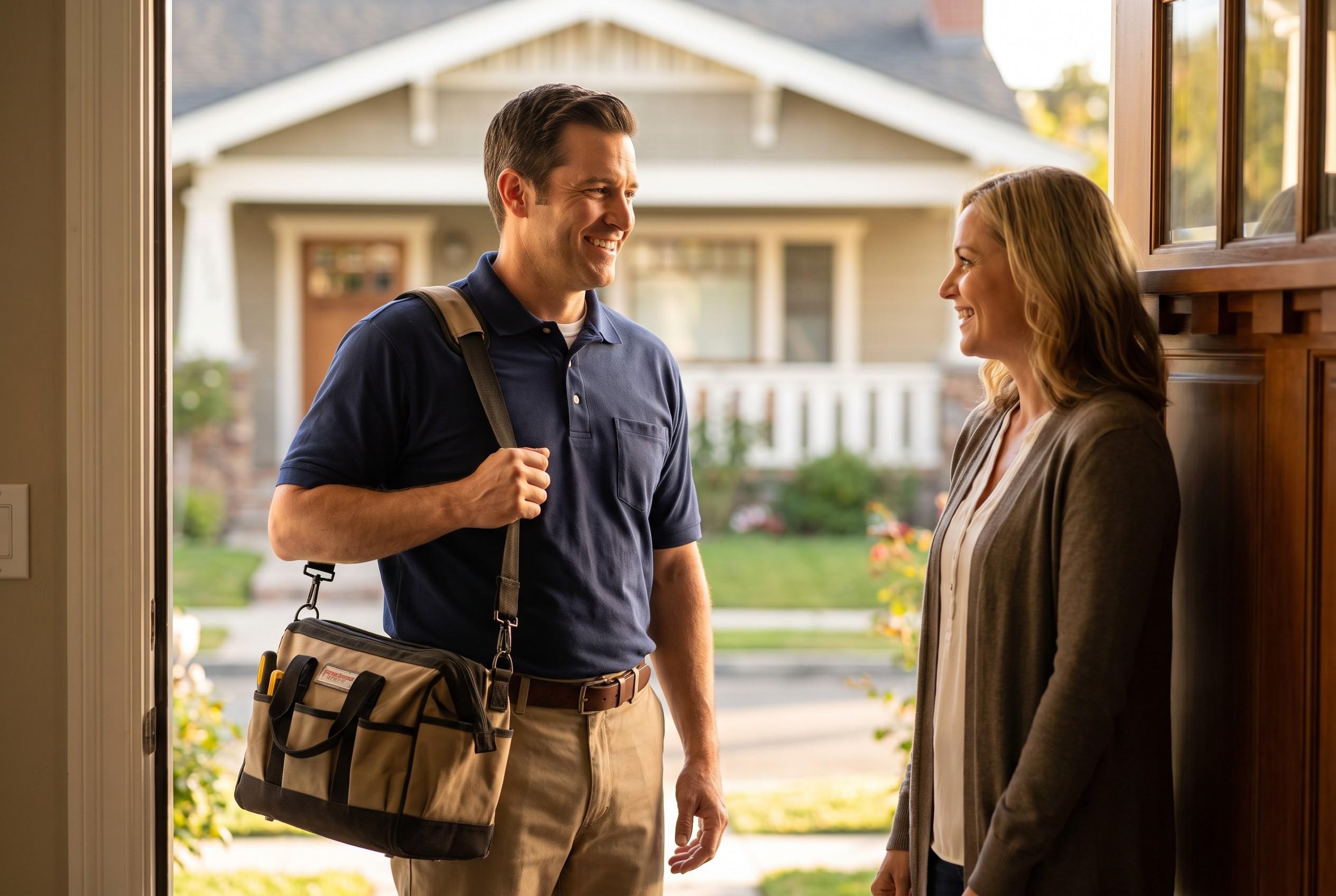 Home service technician welcomed at a front door by a homeowner in warm morning light